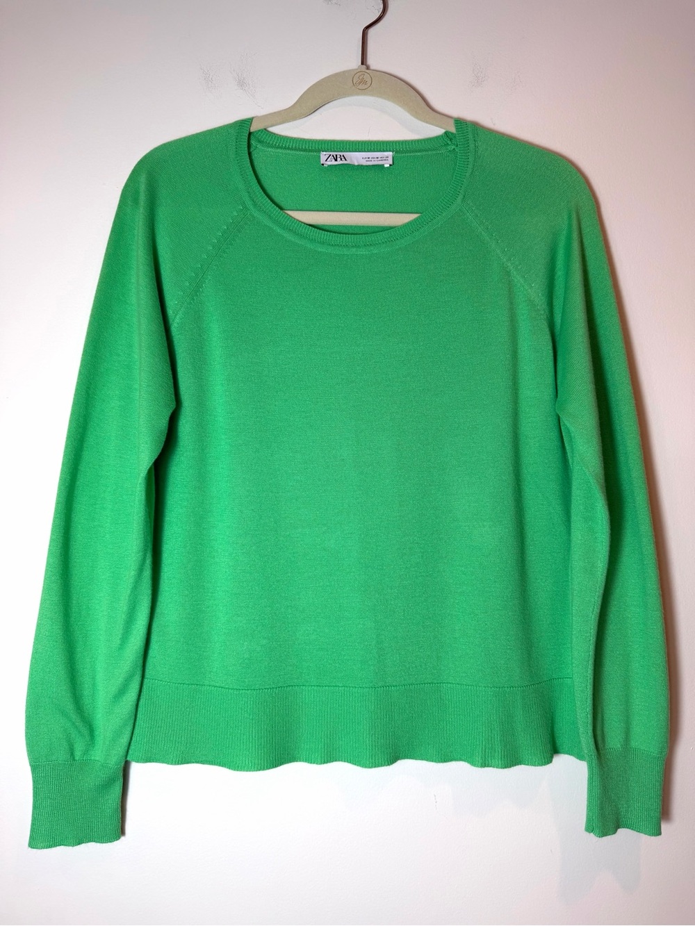 Zara Green Knit Crew Neck Sweater Lightweight Raglan Pullover Medium